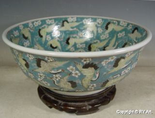 Large Famille Rose Porcelain Bowl W Crane 16 