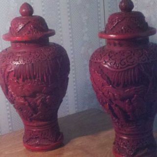 Cinnabar Vases Pair Late Ming Early Ching Dynasty photo