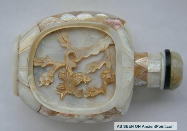 Antique Chinese Hand Carved Jade & Mother Of Pearls Snuff Bottle. Snuff Bottles photo