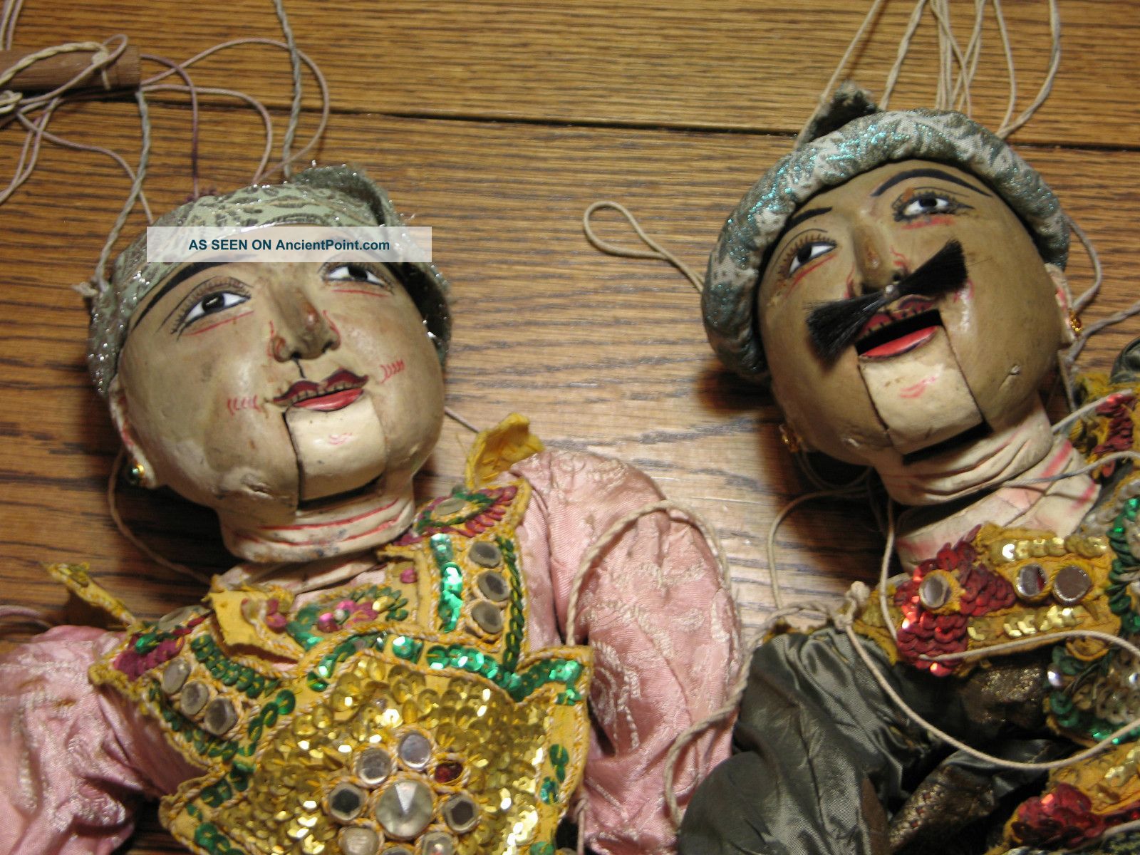 2 Antique Vintage Hand Painted Carved Wood Burmese Marionette Jointed Puppet 25 