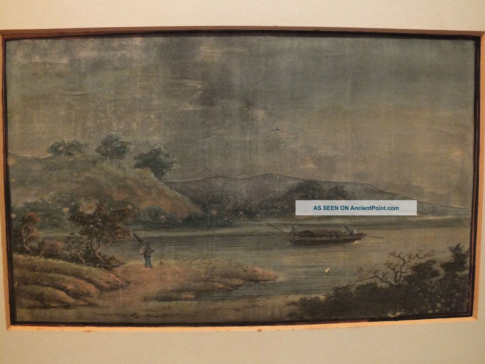 Chinese Rice - Paper (pith) Painting Of A Lakeland Scene & Working Boat 18thc Paintings & Scrolls photo