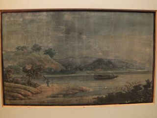 Chinese Rice - Paper (pith) Painting Of A Lakeland Scene & Working Boat 18thc photo