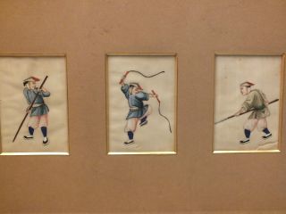 3 Chinese Rice - Paper (pith) Small Studies Of Young Men In Fighting Poses 19thc photo