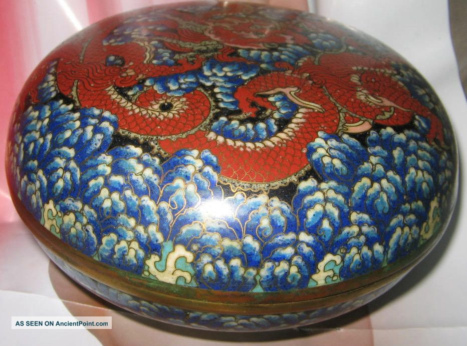 Pretty Antique Asian Brass & Blue Enamel Dragon Cloisonne Lidded Bowl 5.  5 