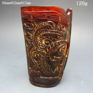 Old Antiques Chinese 100% Ox Horn Hand Carved Dragon Jiao Cup Nr/pc2028 photo