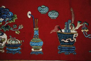 Antique Chinese Silk Embroidered Red Wool Panel Runner Gold Threads photo