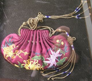 Fine Purple Chinese Silk Embroidered Tassel Pendant Pouch Purse In Wood Display photo