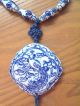 Vtg Antique Chinese Asian Blue White Porcelain Bead Necklace Phoenix Medallion Necklaces & Pendants photo 2