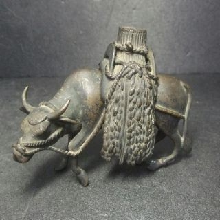 F416: Japanese Old Copper Ware Incense Burner Of Bull Image With Good Work photo
