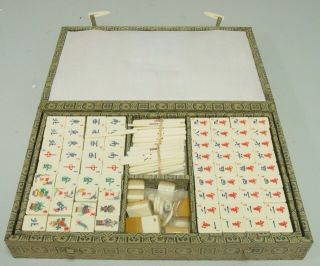 Chinese Mah Jong Game Set Made By Bamboo And Composed Bone Vintage photo