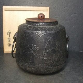 F448: Japanese Iorn Teakettle Chagama With Relief And Fantstic Iron Taste W/box photo