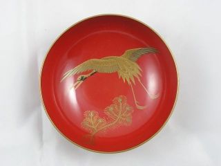 Antique Japanese Lacquer Bowl Crane And Pine 1900 - 15 Meiji Handpainted Nr 2627c photo