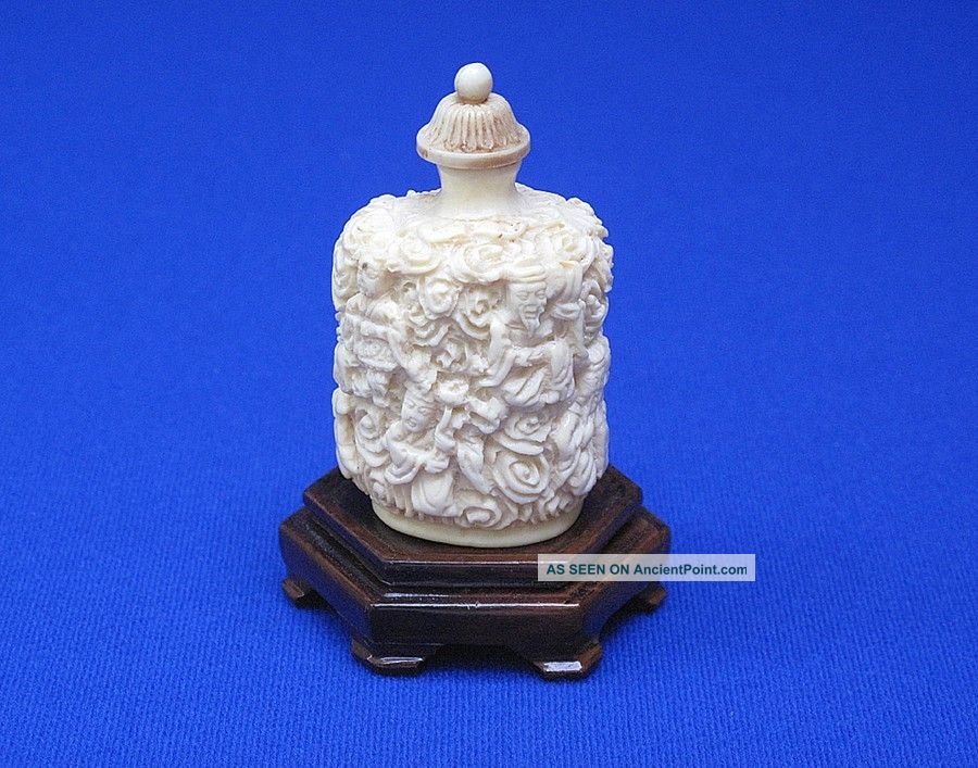 Fine Antique Japanese Deeply Carved Ox Bone Snuff Bottle Signed/marked Snuff Bottles photo