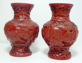 19 Cent Antique Red Cinnabar Lacquer Chinese Carved Pair Vase Cloisonne photo