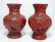 19 Cent Antique Red Cinnabar Lacquer Chinese Carved Pair Vase Cloisonne Vases photo 1