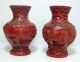 19 Cent Antique Red Cinnabar Lacquer Chinese Carved Pair Vase Cloisonne Vases photo 2