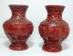 19 Cent Antique Red Cinnabar Lacquer Chinese Carved Pair Vase Cloisonne Vases photo 2