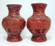19 Cent Antique Red Cinnabar Lacquer Chinese Carved Pair Vase Cloisonne Vases photo 3