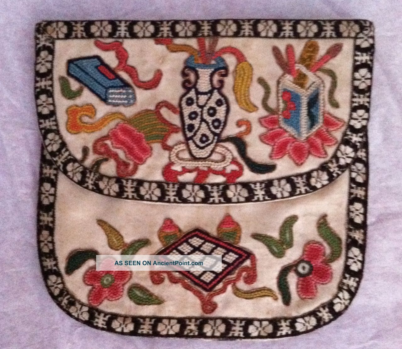Qing Chinese Silk Embroidered Peking Knot Purse Money Pouch Mirror Fan Case Robes & Textiles photo