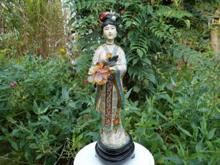 Lovely Cloisonne Lady Figure Holding Flowers Wooden Stand,  Traditional Costume photo