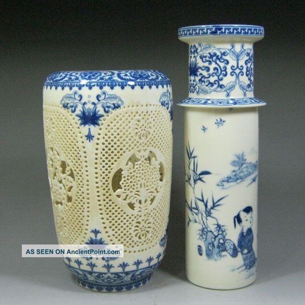 Set Double Vases High Grade,  Chinese Blue And White Porcelain Hollowed Vase Vases photo