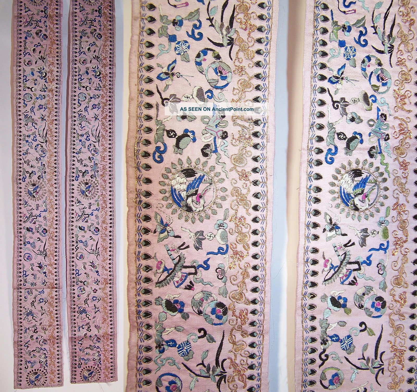 Antique Chinese Crane Swastika Silk Embroidered Robe Sleeve Band Cuff Pair Robes & Textiles photo