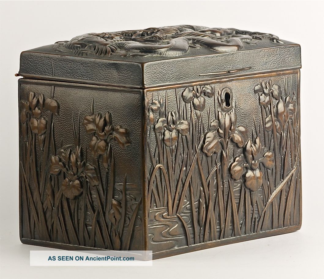 Antique Copper Large Japanese Box Irises Dragon – Rare Boxes photo