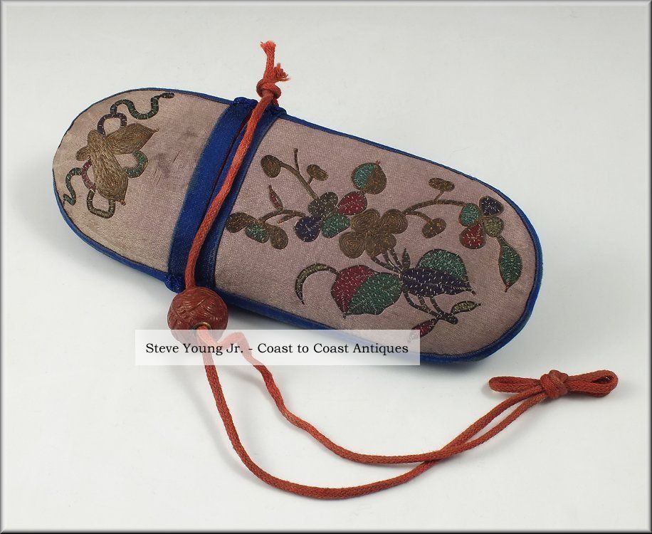Lovely 19th C Chinese Eyeglass Case W/ Flowers & Cinnabar Other photo