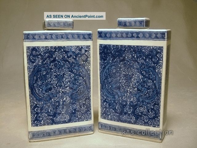 Pair Of Blue And White Flat Square Tea Canister W/dragons - 