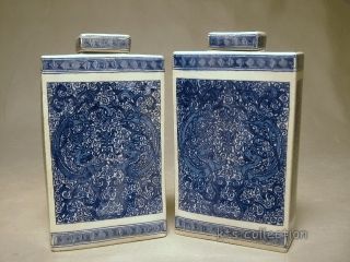 Pair Of Blue And White Flat Square Tea Canister W/dragons - 
