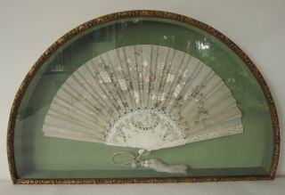 Antique Chinese Embroidered Silk Ox Bone Fan - Floral Motif,  Carved Painted Ribs photo