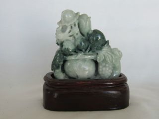 Antique Jadeite Jade Statue With Two Tone Colors Longevity Peach & Mouses. photo
