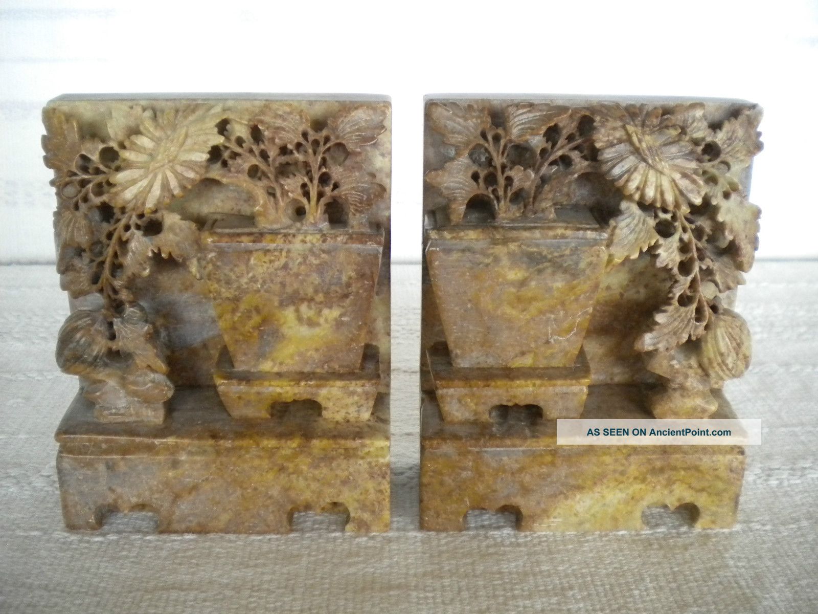 Early 1900 ' S Chinese Soapstone Bookends Inscribed 