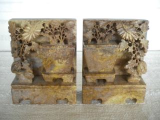 Early 1900 ' S Chinese Soapstone Bookends Inscribed 