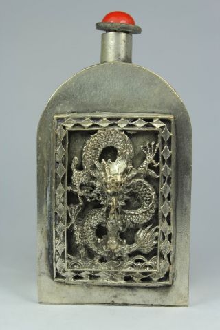 Chinese Handwork Dragon Old White Copper Snuff Bottle photo