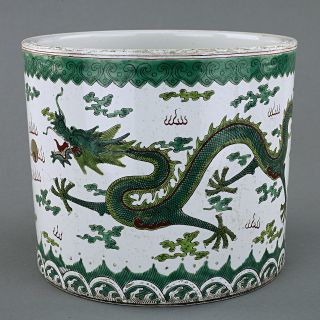 Large Antique Chinese Famille Rose Dragon Porcelain Brushpot photo