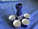 5 Pieces Cobalt Blue Sake Set Marked Japan Bamboo & Japanese Writing Design Mint Glasses & Cups photo 1
