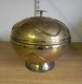 Lovely Rare Islamic Or Persian Engraved Brass Round Storage Bowl With Lid photo