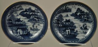 Antique Chinese Export Pair Of Nanking Saucers Cobalt Gold 19th Cen photo