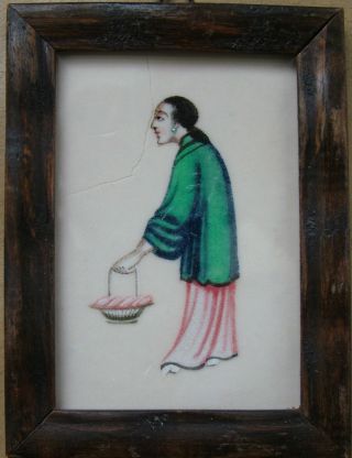 Chinese Antique Miniature Rice Paper Painting Man Carrying A Basket photo