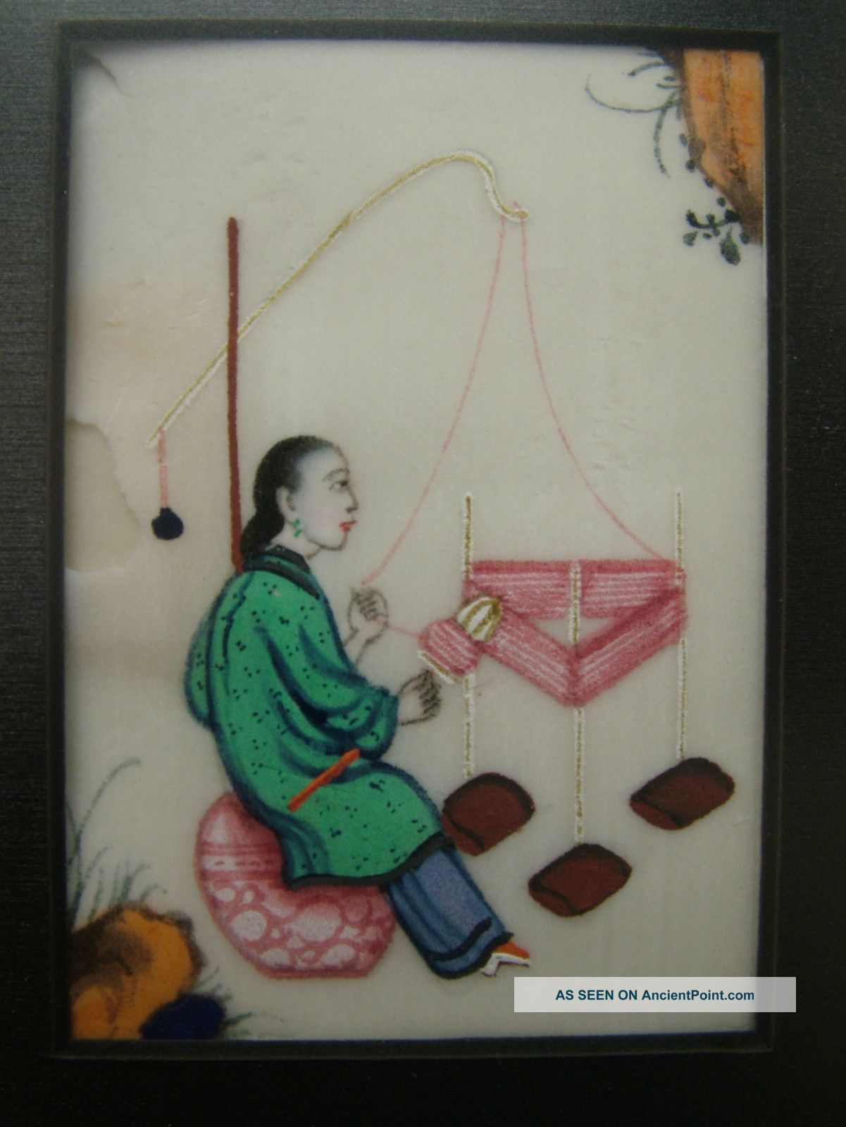 Chinese Antique Miniature Rice Paper Painting Woman Weaver At Work Paintings & Scrolls photo
