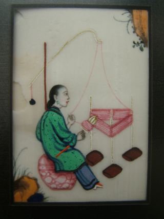Chinese Antique Miniature Rice Paper Painting Woman Weaver At Work photo