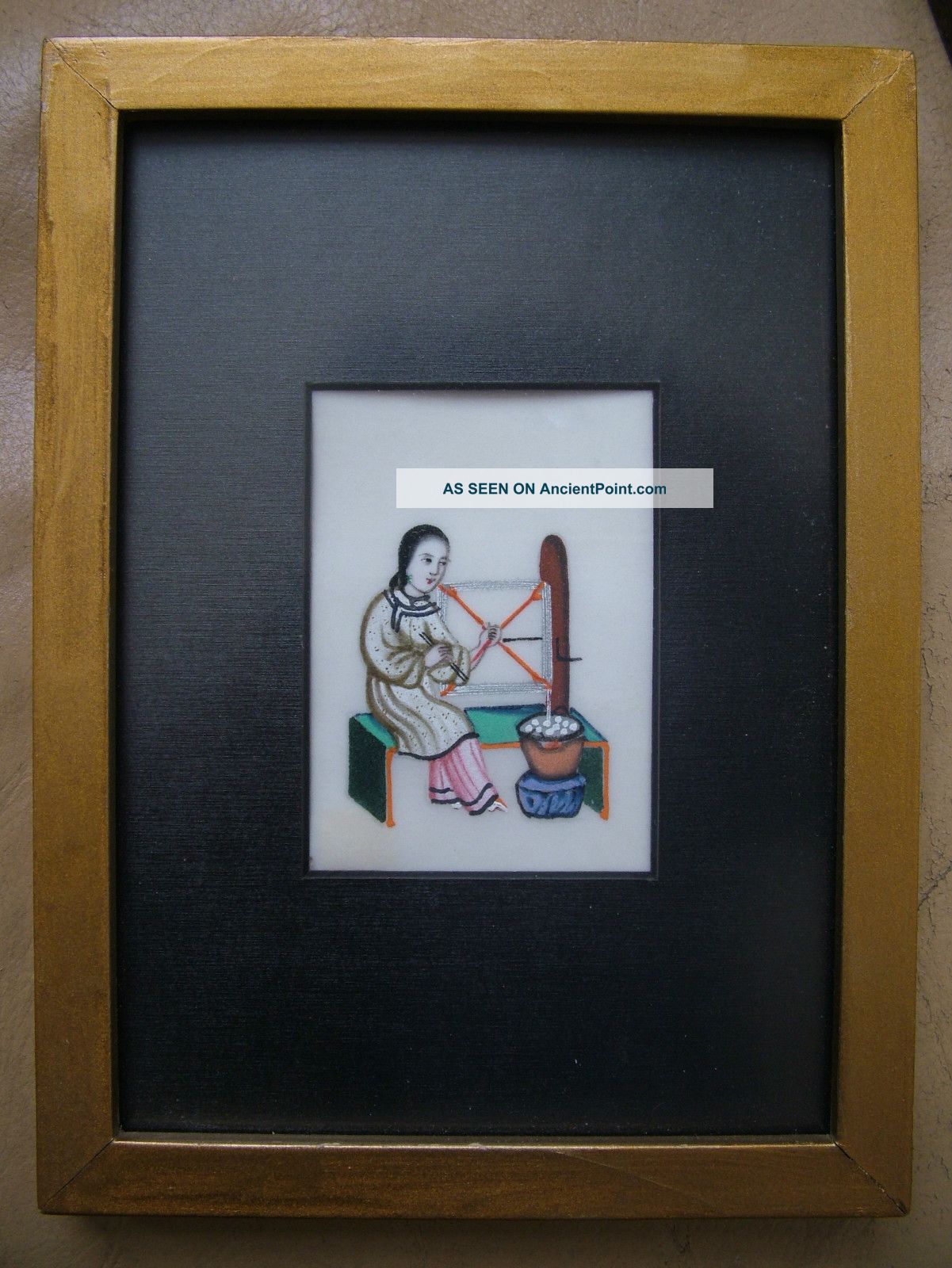 Chinese Antique Miniature Rice Paper Painting Woman Weaver At Work Paintings & Scrolls photo