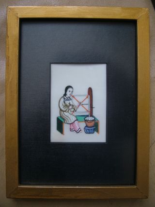 Chinese Antique Miniature Rice Paper Painting Woman Weaver At Work photo