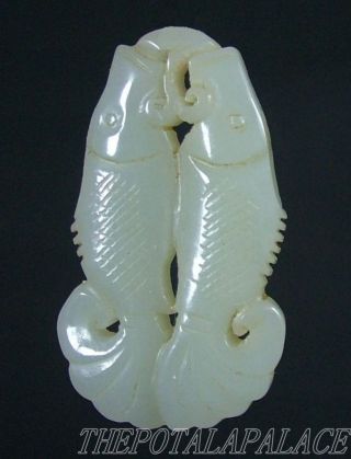 Old Chinese Nephrite Celadon Jade Toggle/pendant 19thc Double Fishes photo