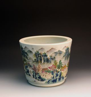 Large Antique Qing Jiaqing Mk Famille Rose Landscape Porcelain Brush Pot 19th C photo