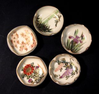 Exquisite Set Of 5 Shimazu Satsuma Salt Cellar Dish Bowl Tiny Hand Painted Gilt photo
