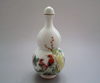 Chinese Handmade Coloured Drawing Ceramic Chrysanthemum Birds Snuff Bottle photo