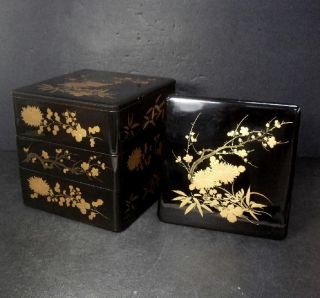 F444: Japanese Old Lacquered Tiered Food Boxes Jubako With Great Flower Makie photo