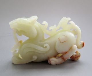 18 - 19th C.  Chinese Hetian Jade Carved Dragon Beast Phoenix Tail Statue photo
